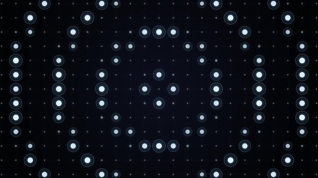 Abstract digital motion background of flashing white circular light pulses over dark grid.