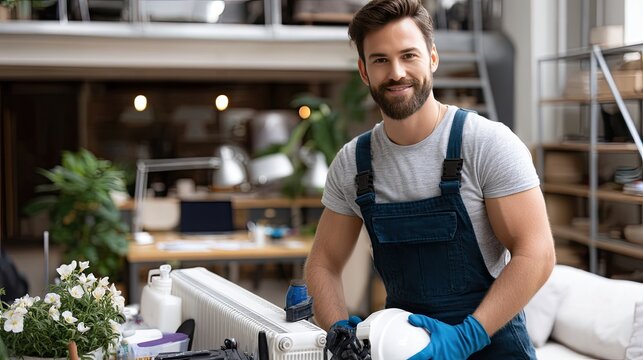 A man in blue overalls is fixing equipment while surrounded by a beautifully decorated indoor environment with plants