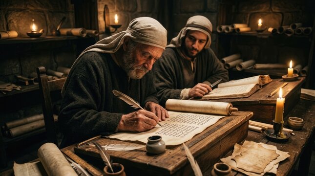 Ancient sage document: divine commandment, sacred instruction, religious principle, moral precept, holy statute, old testament, spiritual guide, feather quill, parchment scroll, learn wisdom.