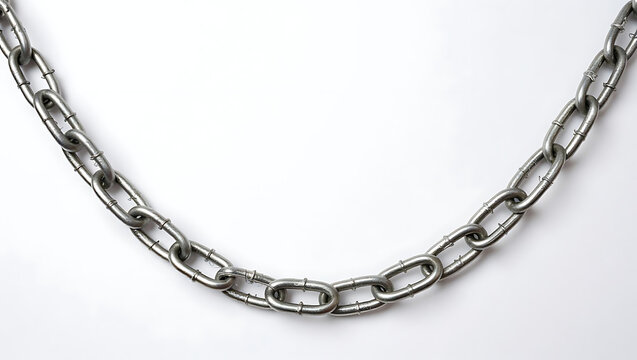A heavy metal chain forms a curved link pattern on a pure white background.
