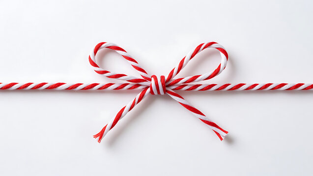 A red and white striped cord is tied into a neat bow on a plain white background.