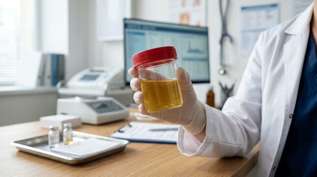 Doctor Holding Urine Sample for Medical Analysis in Clinic Laboratory