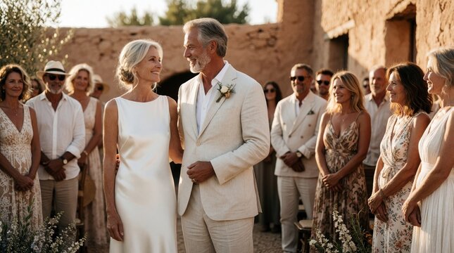 Mature bride, groom smile during intimate outdoor wedding ceremony. Happy senior couple celebrates marriage vow renewal with friends, family. Elegant man in beige suit, woman in white satin dress