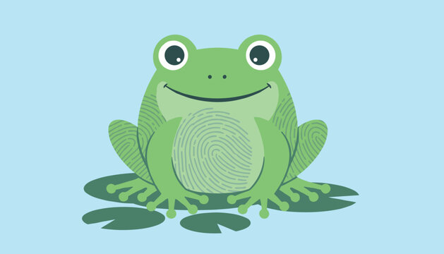 Friendly green frog cartoon character with unique fingerprint patterns sitting on lily pads over blue water.