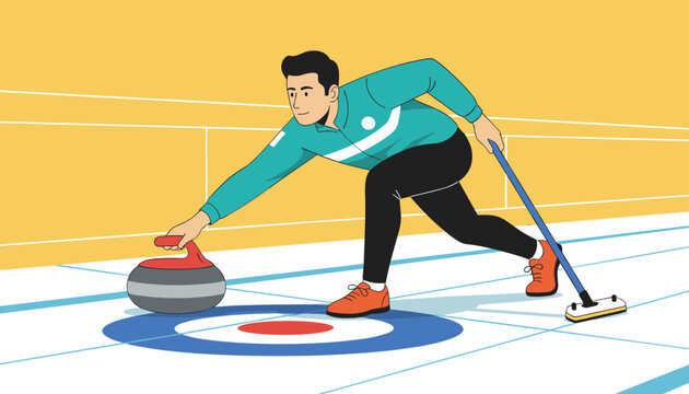 Male athlete in a teal and black tracksuit playing curling on an ice rink, sliding the stone towards the target with a broom in hand.