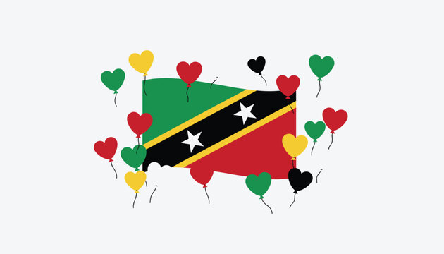 Flag of Saint Kitts and Nevis surrounded by floating heart shaped balloons in green, red, yellow, and black national colors.