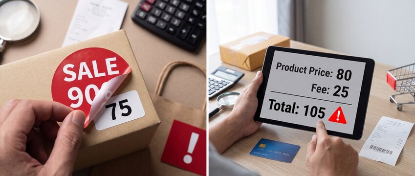 Consumer discovering fake discount on package sticker and unexpected hidden checkout fees on digital tablet during online shopping