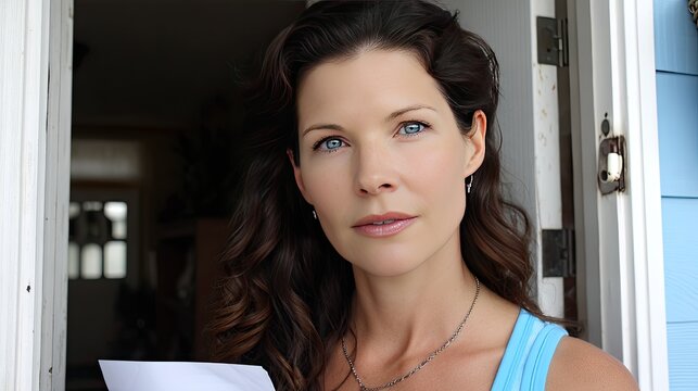 A woman with brown hair stands at a doorway, holding a letter and looking thoughtfully outside in soft daylight