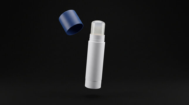 A white glue stick with a blue cap floating isolated against a dark black background with levitating air against three dimensional stick open stationery levitation