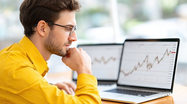 A person thoughtfully reviews financial charts and graphs displayed on multiple laptops in a contemporary office setting