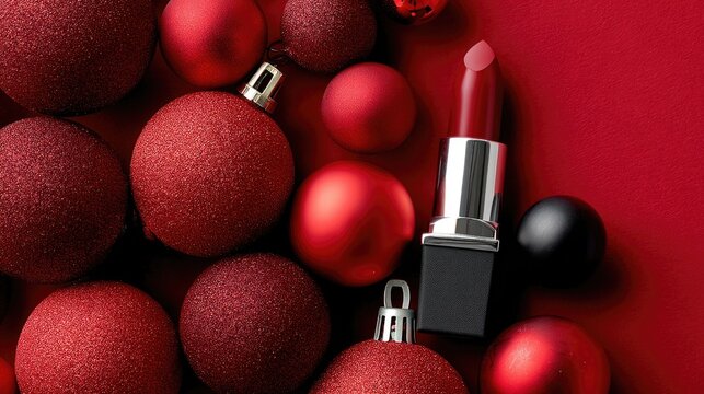 Bright red lipstick in a gold case sits among colorful ornaments on a rich red surface, perfect for holiday beauty moments