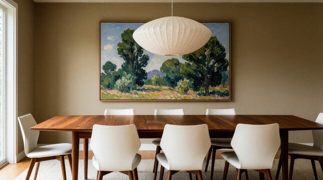 Mid century modern dining room features large wooden table, white chairs. Big landscape painting hangs on beige wall above furniture. Stylish paper pendant lamp hangs over table in bright minimalist