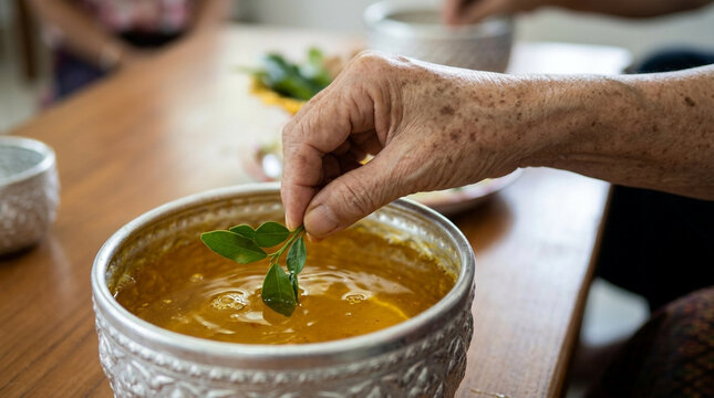 Elderly Hand Adding Kaffir Lime Leaves to Traditional Thai Dessert