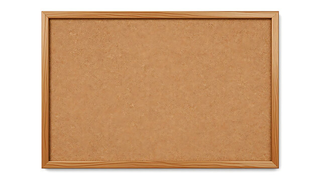 A light brown cork bulletin board with a wooden frame is centered on a white background.