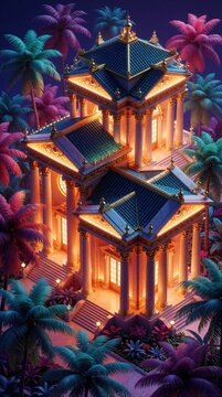 Luxury palace with glowing lights stands among colorful palm trees at night. Exotic architecture features gold details, blue roofs in tropical garden. Dreamy fantasy estate shines bright under dark