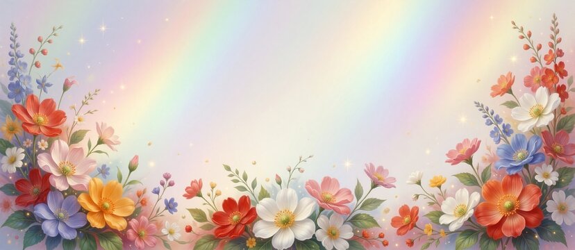 Elegant floral border design featuring vibrant red, orange, white, and blue blossoms against a soft pastel gradient background.
