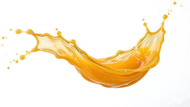 A vibrant orange juice splash creates an energetic curve against a plain white background.
