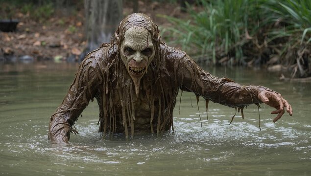 Terrifying Swamp Monster Emerging from Murky Water in Rain