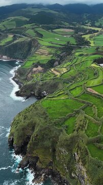 Farmland fields and green cliffs rising above Atlantic Ocean on Azores island, Portugal. Aerial view