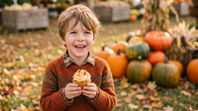 Happy boy holding a cupcake with orange frosting outdoors among pumpkins and autumn leaves for Thanksgiving