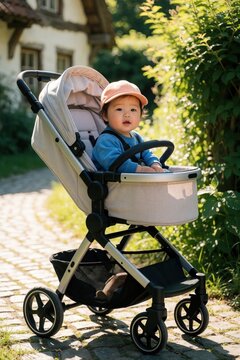 Cute toddler sits in modern stroller wearing orange cap, blue shirt. Happy baby enjoys sunny day stroll in green park. Little kid rides in pushchair along cobblestone path near old house. Summer