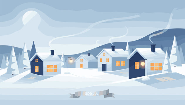 Serene winter landscape in soft blue tones, showcasing a snow-covered village with smoking chimneys and distant mountains under a full moon, with "God Jul" text.
