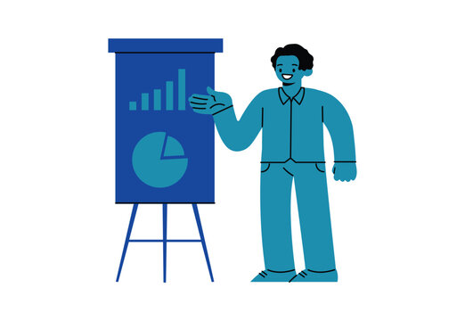 Businessman presenting financial data charts on flip chart board concept character vector illustration design.