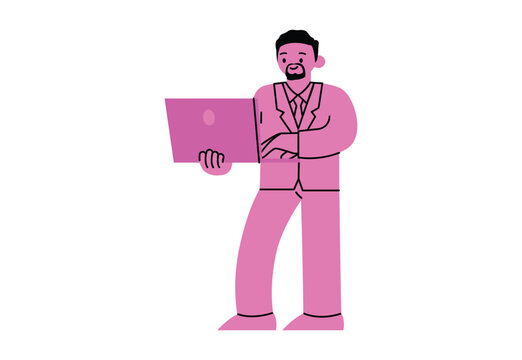 Businessman Standing and Holding Laptop Computer Representing Remote Work and Technology Concept character vector illustration design.