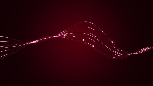 Abstract wave of glowing digital lines with data points on dark red background motion graphic.