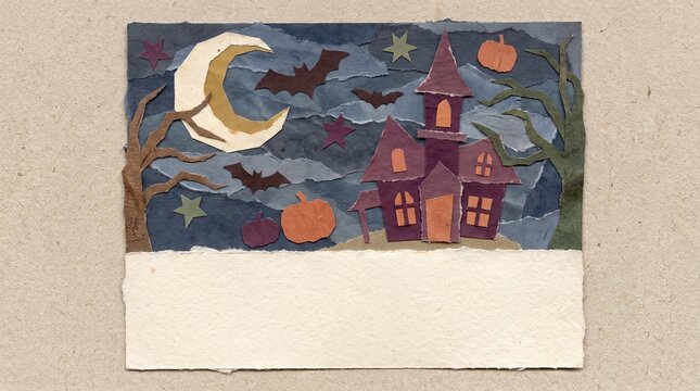 halloween crafts, a whimsical halloween collage featuring a haunted house, bats, pumpkins, and cats