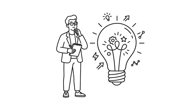 Man with notepad contemplating a glowing lightbulb with gears and ideas during brainstorming session