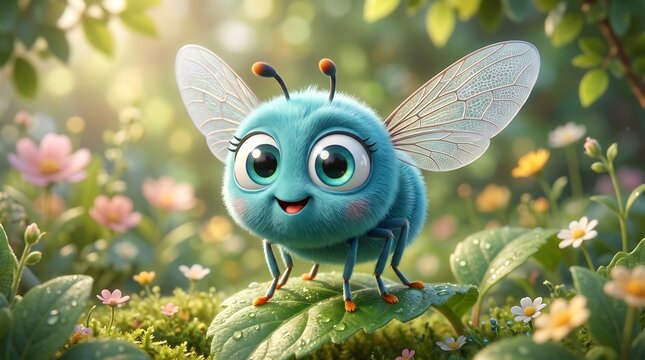 Cute fluffy blue bee character on green leaf, whimsical animated insect in magical floral garden, adorable fantasy bug illustration for storybooks