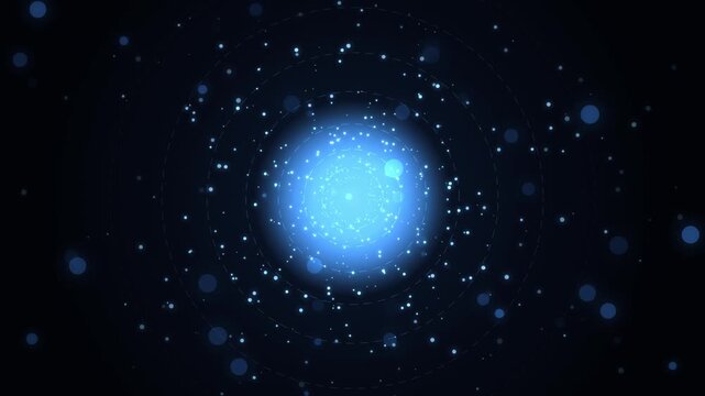 Abstract digital sphere glowing with blue particles and concentric orbits on dark background.