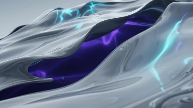 Abstract 3d background with flowing liquid silver waves and deep purple highlights, elegant metallic texture for modern design, luxury fluid surface with soft reflections and smooth curves