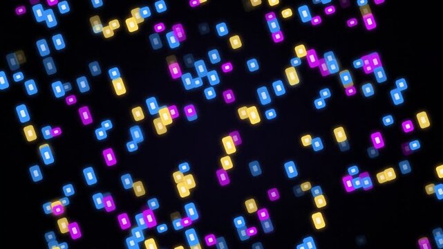Abstract digital squares motion background with colorful flashing lights for music festivals.