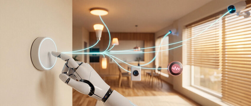 Futuristic Smart Home Automation Concept featuring Robotic Hand Controlling Connected IoT Devices in Modern Interior