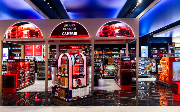 Malpensa, Italy - September 22, 2026: Interior of Milan Duty-Free Store inside Terminal 1 of Milan Malpensa International Airport. Milan, Italy