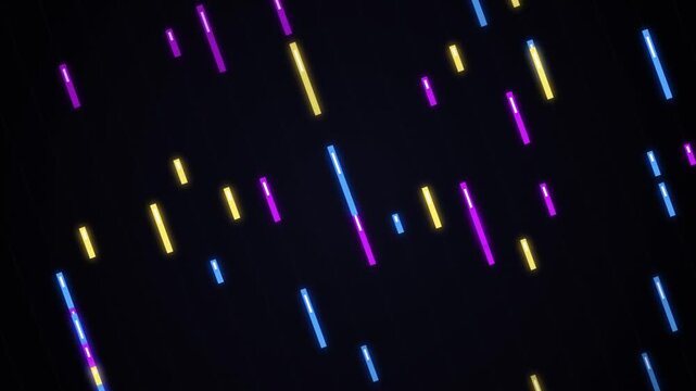 Abstract neon glow lines falling diagonally on black background with retro tech motion style.