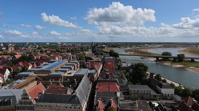 High angle view over Deventer city center and IJssel river