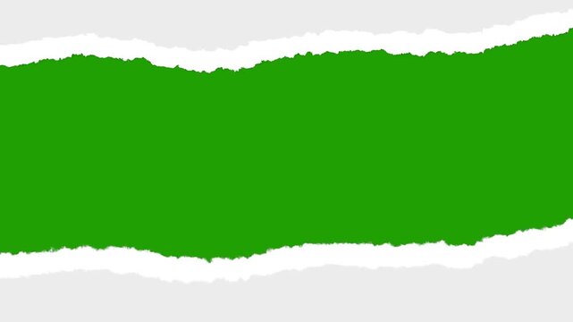 Torn Paper Transition with White And Light Grey Layers Separating To Reveal A Green Screen Background. Rough Ripped Edges Create A Horizontal Opening For Video Editing