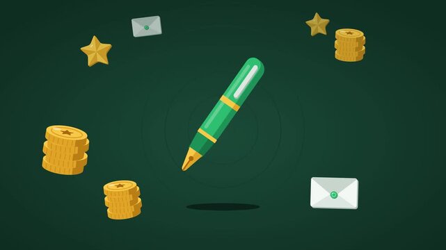 Fountain pen surrounded by floating stack of coins, envelope and star