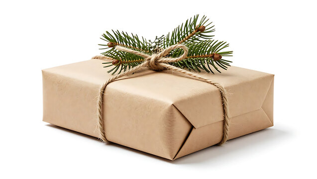 A kraft paper gift box is neatly wrapped with twine and decorated with a sprig of pine needles.
