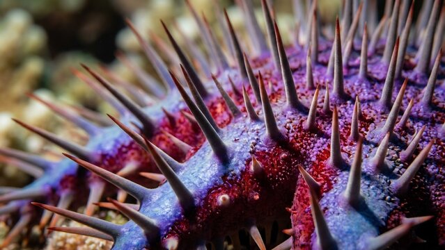 Extreme Macro isolating the venomous violet and red spines of Crown-of-Thorns sea star Fiji