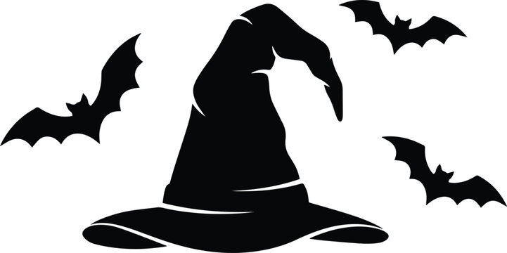 A pointy witch hat surrounded by flying bats silhouette vector illustration for spooky halloween party decoration themes
