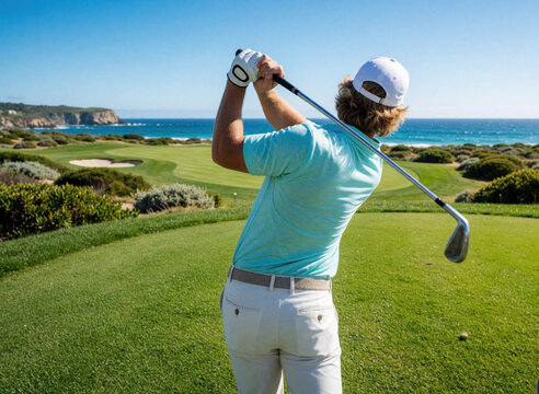 Male golfer performs powerful swing on coastal golf course. Athlete hits ball near ocean with blue sea, green fairway background. Pro player practice sport hobby in sunny summer weather using golf