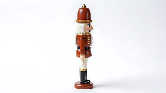 A traditional wooden nutcracker soldier with a red jacket stands in profile.