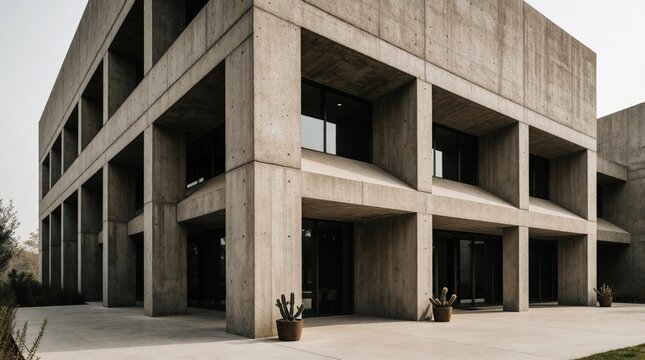 Modern concrete office building exterior with geometric architectural lines. Minimalist grey structure features large windows, deep shadows. Contemporary commercial design shows urban business center