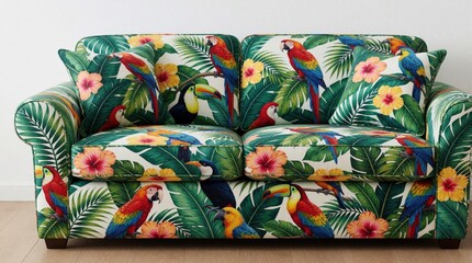 Fototapeta premium Colorful sofa with tropical bird, jungle leaf pattern. Two seater couch features parrots, toucans, hibiscus flowers, green foliage on fabric. Modern living room furniture with exotic botanical print