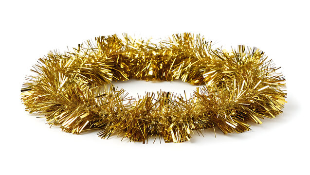 A circular strand of shimmering gold tinsel garland lies flat on a white surface.