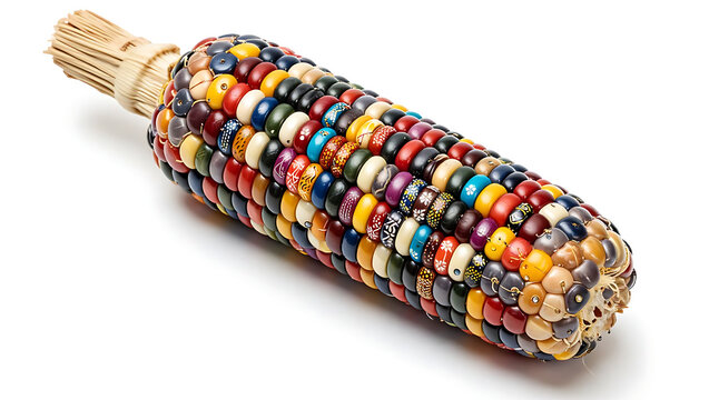 A single ear of multicolored Indian corn, also known as Calico corn, stands upright.